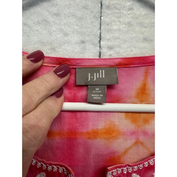 J Jill Women Top Tie Dye Pink Embroidered V Neck Boho Fairy Size MP Long Line - Picture 5 of 11